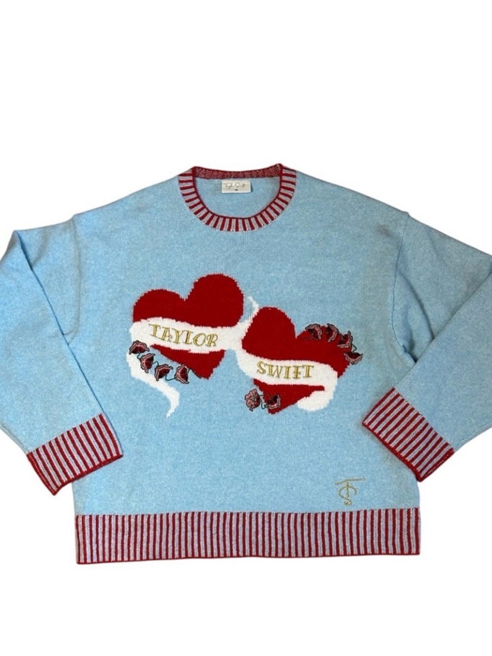 Taylor Swift Album Heart Sweater, Light Blue with Red Hearts size Large